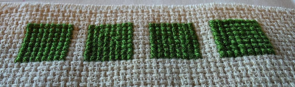 Four green squares filled with varying stitch directions and number of strands