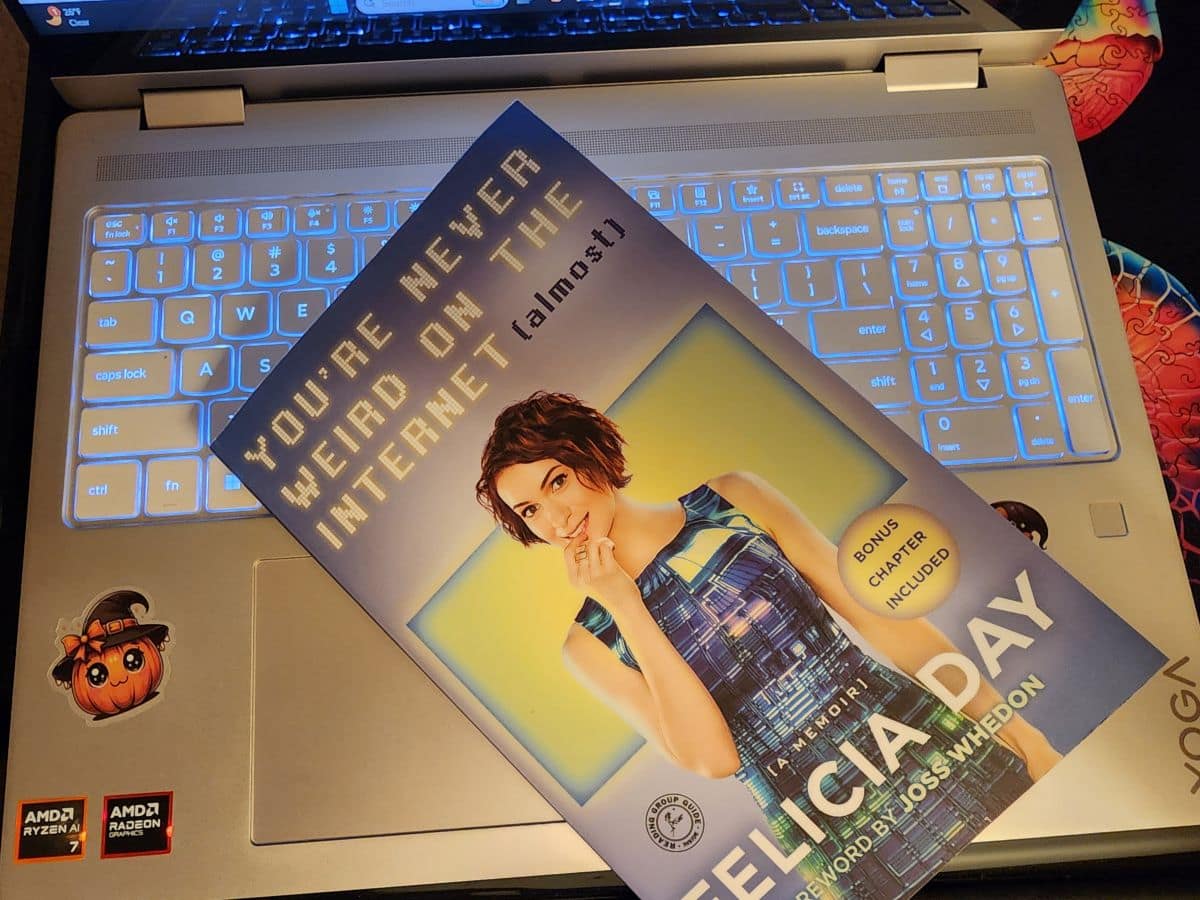 Felicia Day's book on backlit laptop keyboard