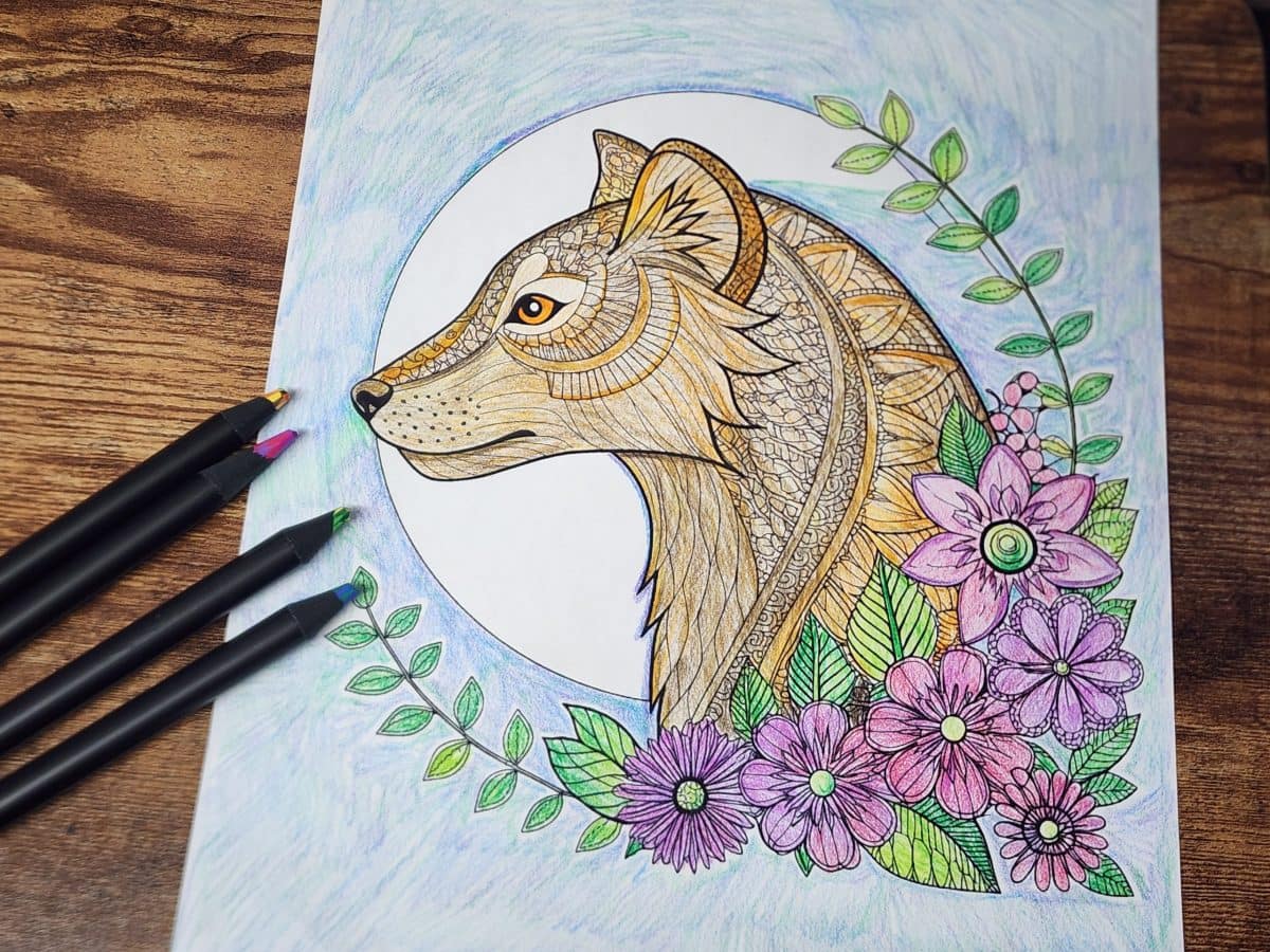 coloring page wolf head with flower wreath
