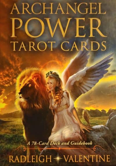 cover art on the archangel power tarot cards deck box - Strength card - angel with lion