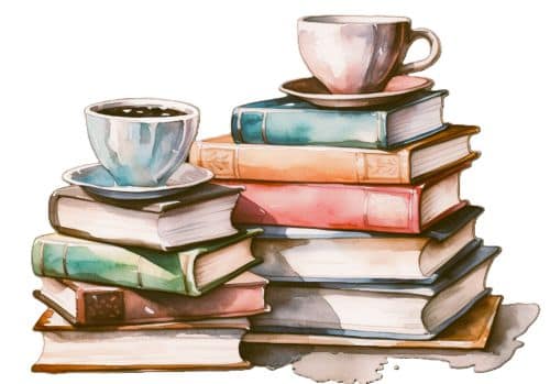 books stacked and coffee cups on top